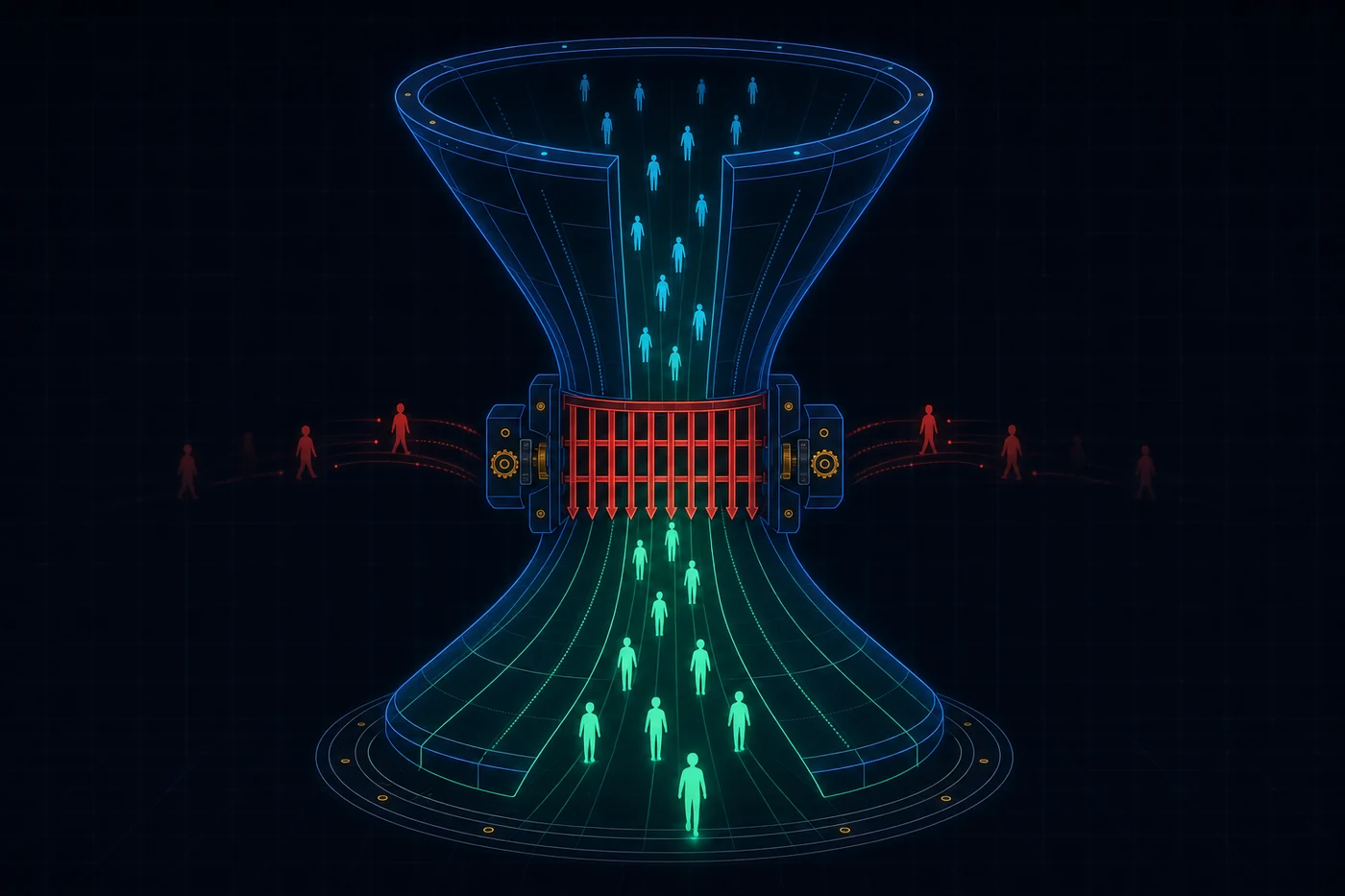 Ilustração em traço neon de uma barreira — o corte que separa quem passa de quem não passa no filtro.