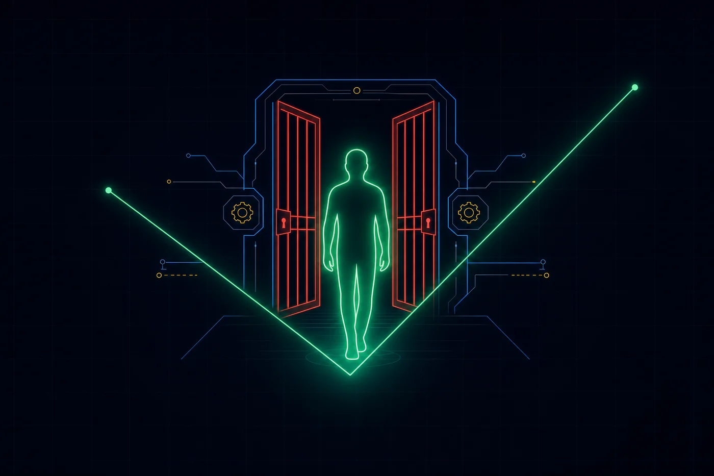 Ilustração em traço neon de uma porta que se abre e uma pessoa passando — quem foi aprovado no filtro.