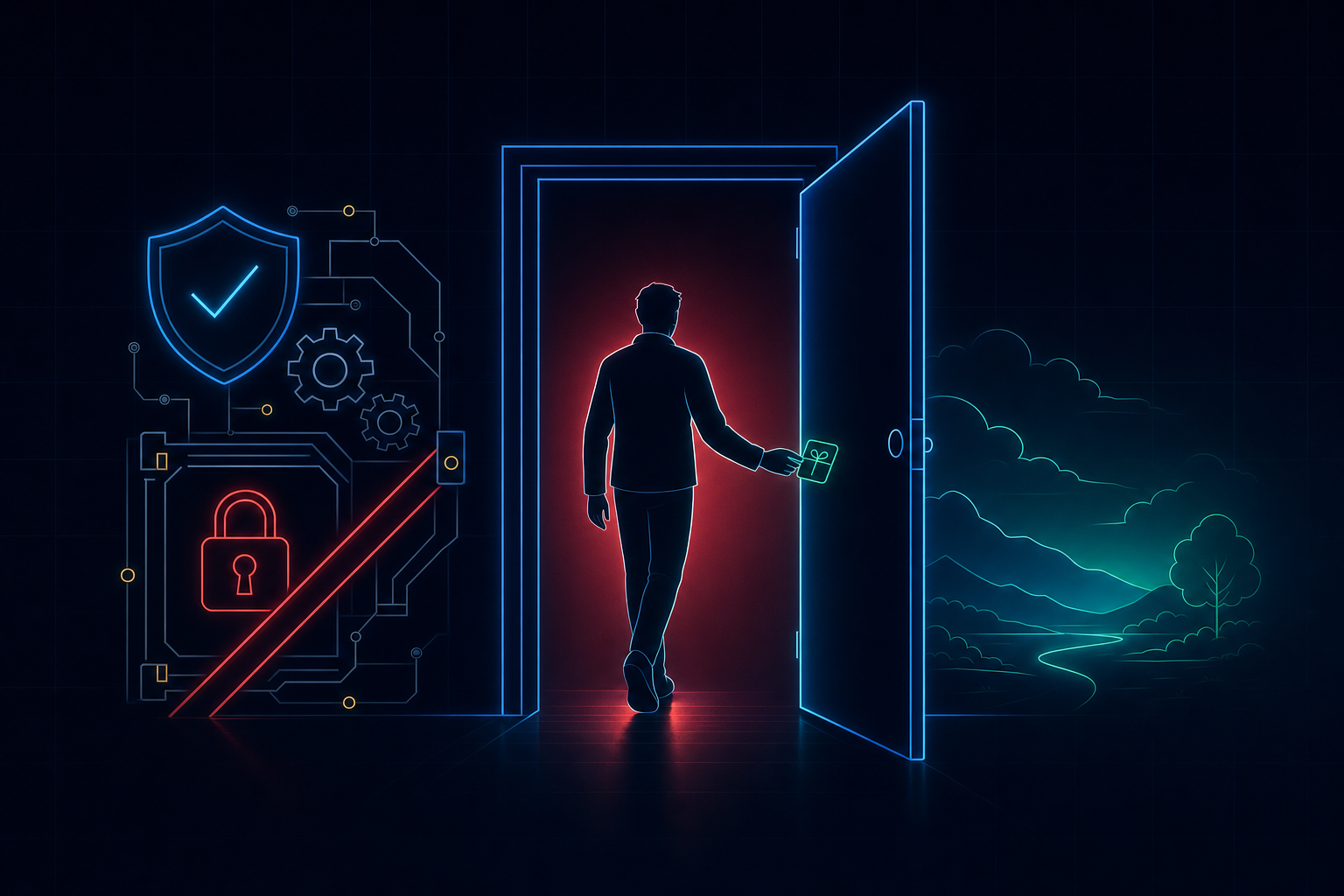 Ilustração em traço neon de uma saída educada — o caminho de quem não passou no filtro agora.